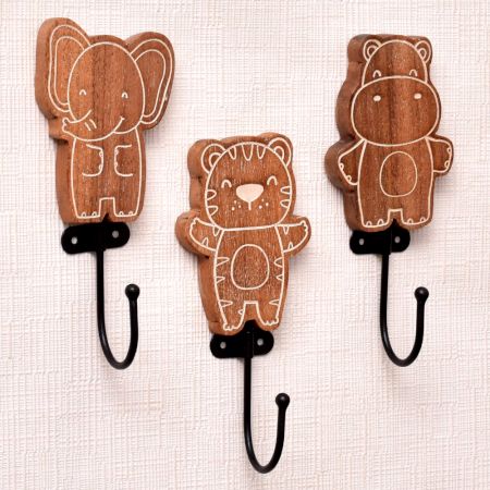 Brown Wooden Bear Elephant Hippo Wall Hooks For Kids - Pack of 3
